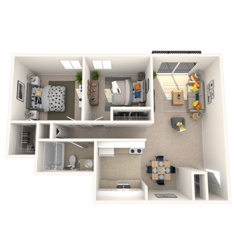 Floor plan for 2 beds, 1 bath, 780 sqft